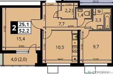 Планировка двухкомнатной(квартира) площадью 52.2 квадратных метров в “ЖК 1-й Южный (Первый Южный)”