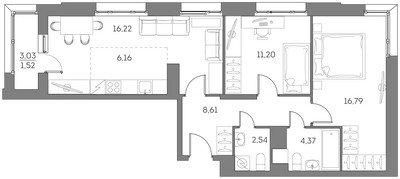 Планировка трехкомнатной(квартира) площадью 67.4 квадратных метров в ЖК “ЖК Аквилон Beside 2.0”