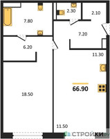 Планировка однокомнатной(квартира) площадью 67.5 квадратных метров в “Роскошный квартал Life Time”