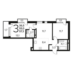 Планировка трехкомнатной(квартира) площадью 57.3 квадратных метров в ЖК “Новые Ватутинки. Заречный”