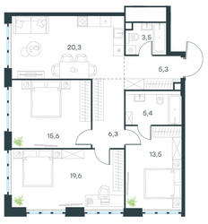 Планировка трехкомнатной(квартира) площадью 89.5 квадратных метров в ЖК “ЖК Level Южнопортовая”