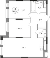 Планировка двухкомнатной(квартира) площадью 60.7 квадратных метров в “ЖК Первый Московский”