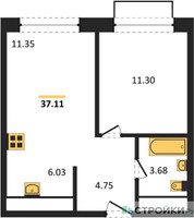 Планировка однокомнатной(квартира) площадью 37.11 квадратных метров в “ЖК Новоград Павлино”