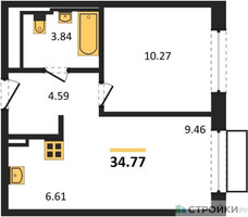 Планировка однокомнатной(квартира) площадью 34.77 квадратных метров в “ЖК Рублевский Квартал”