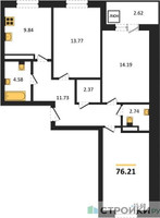 Планировка трехкомнатной(квартира) площадью 76.21 квадратных метров в “Ласточкино”