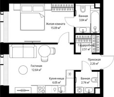Планировка однокомнатной(квартира) площадью 45.13 квадратных метров в “ЖК Веер”