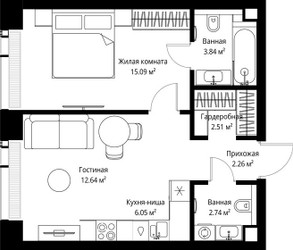 Планировка однокомнатной(квартира) площадью 45.13 квадратных метров в ЖК “ЖК Веер”
