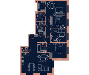 Планировка 4+ комнатной(квартира) площадью 143.3 квадратных метров в ЖК “Квартал Эра”