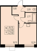 Планировка однокомнатной(квартира) площадью 42.9 квадратных метров в “ЖК Дом на Студенческом”