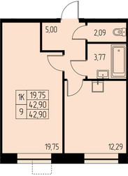 Планировка однокомнатной(квартира) площадью 42.9 квадратных метров в ЖК “ЖК Дом на Студенческом”