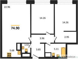 Планировка двухкомнатной(квартира) площадью 74.9 квадратных метров в “ЖК Собрание клубных домов West Garden (Вест Гарден)”