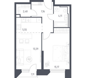 Планировка однокомнатной(апартаменты) площадью 48.87 квадратных метров в ЖК “ЖК Скай Спутник”