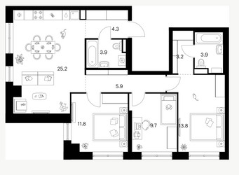 Планировка трехкомнатной(квартира) площадью 81.7 квадратных метров в ЖК “Нарвин”