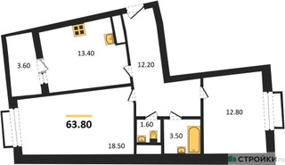 Планировка двухкомнатной(квартира) площадью 63.8 квадратных метров в “ЖК Римский”
