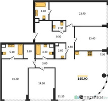 Планировка 4+ комнатной(квартира) площадью 145.6 квадратных метров в “ЖК River Park Кутузовский (Ривер Парк Тауэрс)”