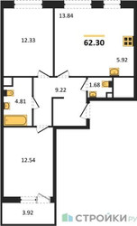 Планировка двухкомнатной(квартира) площадью 62.3 квадратных метров в ЖК “Жилые кварталы Новое Пушкино”