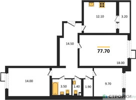 Планировка трехкомнатной(квартира) площадью 77.7 квадратных метров в “ЖК ЮЖНАЯ БИТЦА”