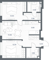 Планировка двухкомнатной(квартира) площадью 61.66 квадратных метров в “ЖК TATE (Тэйт)”