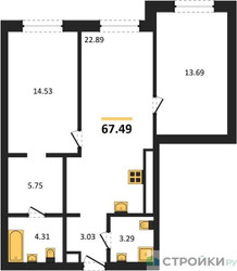 Планировка двухкомнатной(квартира) площадью 67.49 квадратных метров в ЖК “ЖК УЛЬТИМА Сити”