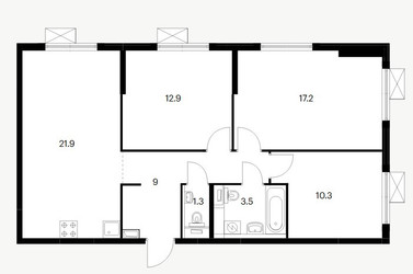Планировка трехкомнатной(квартира) площадью 75.9 квадратных метров в ЖК “ЖК Юнино”