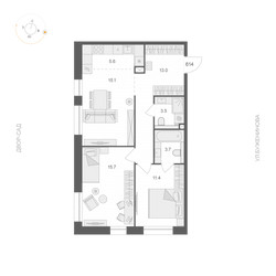 Планировка двухкомнатной(квартира) площадью 68 квадратных метров в ЖК “ЖК АРТЕЛЬ”