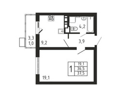 Планировка однокомнатной(квартира) площадью 37.5 квадратных метров в “ЖК Пироговская Ривьера”