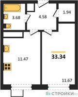 Планировка однокомнатной(квартира) площадью 33.34 квадратных метров в “ЖК Новотомилино”