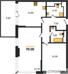 Планировка двухкомнатной(квартира) площадью 70 квадратных метров в ЖК “ЖК VERY на Миклухо-Маклая (Вери на Миклухо-Маклая)”