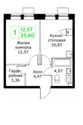 Планировка однокомнатной(квартира) площадью 35.8 квадратных метров в ЖК “ЖК КИТ 2”
