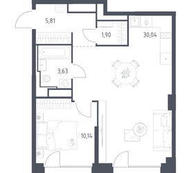 Планировка однокомнатной(квартира) площадью 51.52 квадратных метров в ЖК “ЖК Квартал на воде (Графика на воде)”