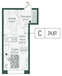 Планировка студии(квартира) площадью 24.61 квадратных метров в ЖК “ЖК Рига Хиллс”