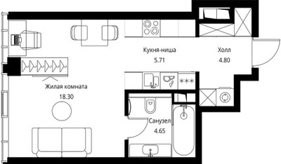 Планировка студии(квартира) площадью 33.46 квадратных метров в ЖК “ЖК Сити Бэй”
