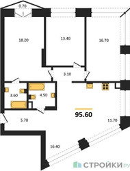 Планировка трехкомнатной(квартира) площадью 95.6 квадратных метров в ЖК “ЖК КОД Сокольники”