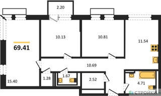 Планировка трехкомнатной(квартира) площадью 69.41 квадратных метров в “ЖК Рублевский Квартал”