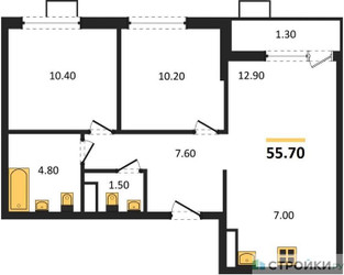 Планировка двухкомнатной(квартира) площадью 55.7 квадратных метров в ЖК “ЖК Южные сады”
