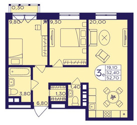 Планировка трехкомнатной(квартира) площадью 52.7 квадратных метров в ЖК “ЖК Героев”