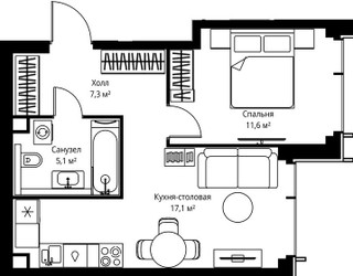 Планировка однокомнатной(квартира) площадью 41.1 квадратных метров в ЖК “ЖК Веер”