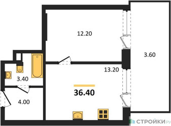 Планировка однокомнатной(квартира) площадью 36.4 квадратных метров в ЖК “ЖК Portland (Портланд)”