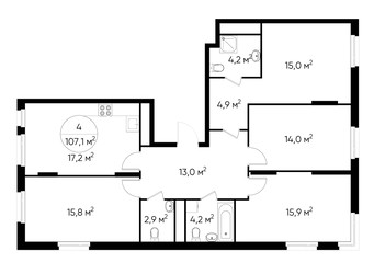 Планировка 4+ комнатной(квартира) площадью 107.1 квадратных метров в ЖК “ЖК Переделкино Ближнее”