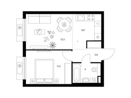 Планировка однокомнатной(квартира) площадью 38 квадратных метров в “ЖК Белая Дача парк”