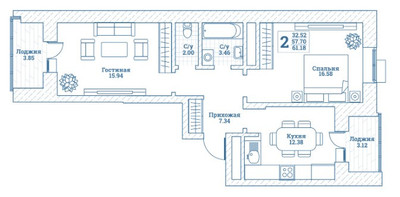 Планировка двухкомнатной(квартира) площадью 61.5 квадратных метров в ЖК “ЖК Новоград Монино”