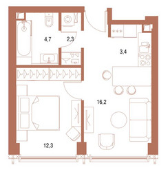 Планировка однокомнатной(квартира) площадью 38.6 квадратных метров в ЖК “ЖК Symphony 34 (Симфония 34)”