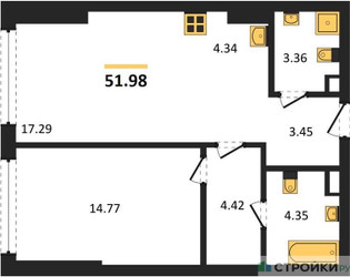 Планировка однокомнатной(квартира) площадью 51.98 квадратных метров в ЖК “ЖК Солос”