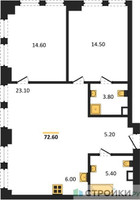 Планировка двухкомнатной(квартира) площадью 72.6 квадратных метров в “ЖК Мангазея на Тульской”