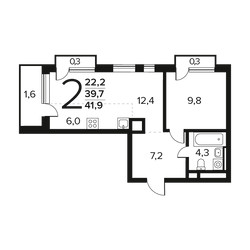 Планировка двухкомнатной(квартира) площадью 42 квадратных метров в ЖК “Новые Ватутинки. Заречный”