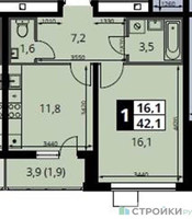 Планировка однокомнатной(квартира) площадью 42.1 квадратных метров в “ЖК 1-й Южный (Первый Южный)”