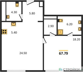 Планировка однокомнатной(квартира) площадью 69.4 квадратных метров в ЖК “ЖК Клубные особняки "Ильинка 3/8"”