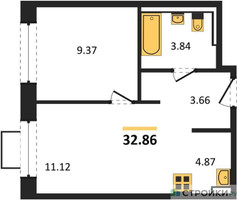 Планировка однокомнатной(квартира) площадью 32.86 квадратных метров в “ЖК Новое Видное”