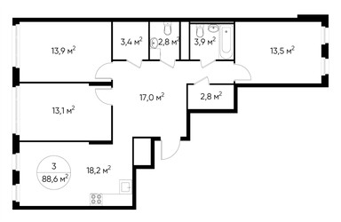 Планировка трехкомнатной(квартира) площадью 88.6 квадратных метров в ЖК “ЖК Переделкино Ближнее”