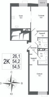Планировка двухкомнатной(квартира) площадью 54.2 квадратных метров в “ЖК КИНОКВАРТАЛ”